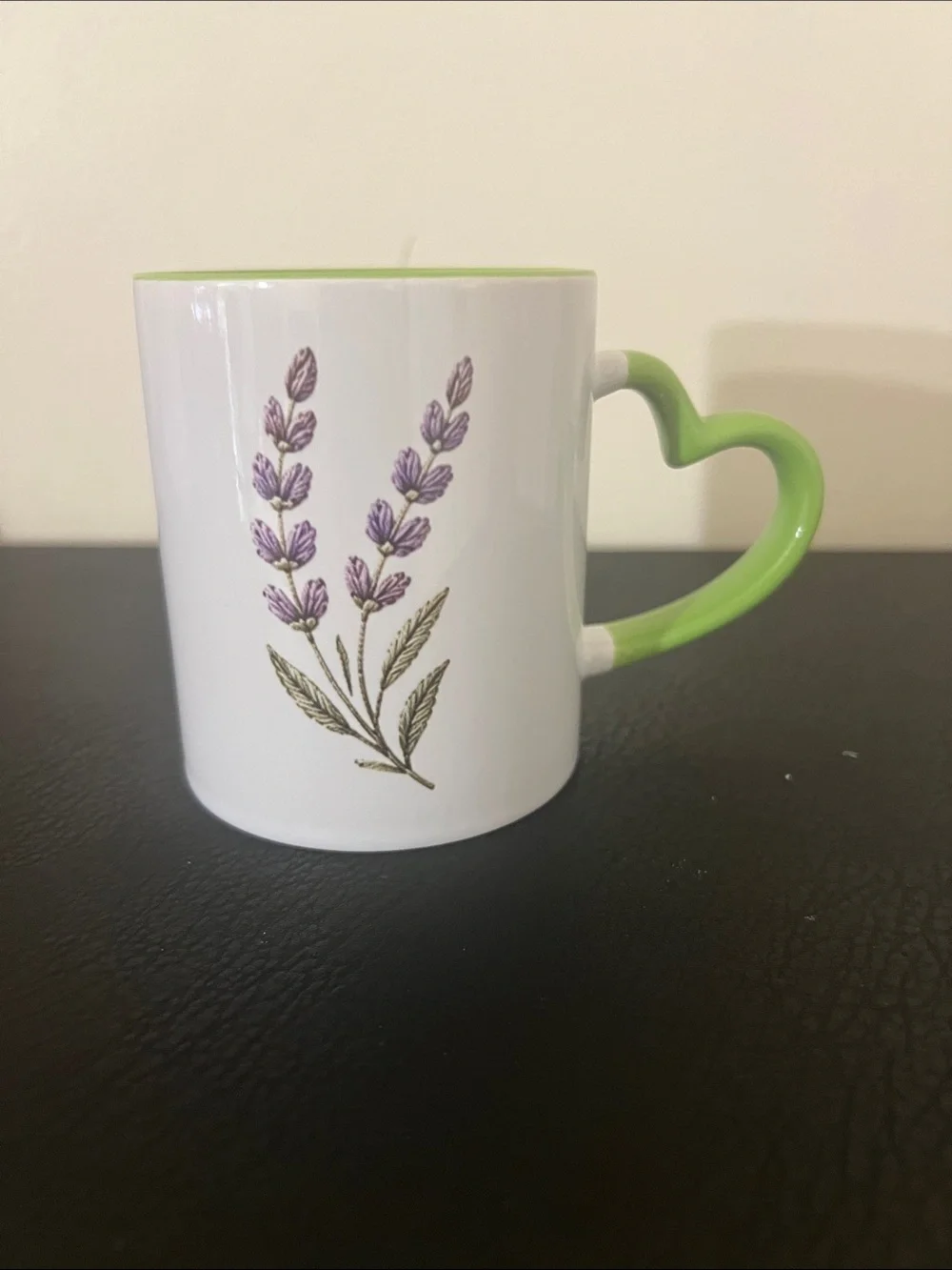 Lavender Bloom White and Green Ceramic Mug - Heart Handle
